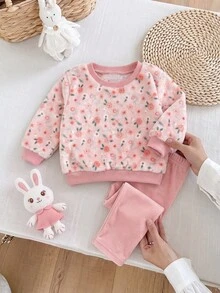 SHEIN 2件組女嬰蓬鬆碎花衛衣與鬆緊腰長褲秋季套裝 - 粉色 - 查看 3