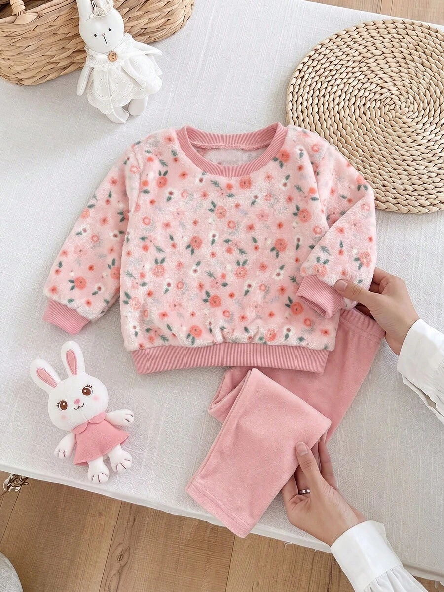 SHEIN 2pcs/Set Baby GirlFluffy Ditsy Floral Sweatshirt And Elastic Waist Long Autumn Pants - Pink - View 1