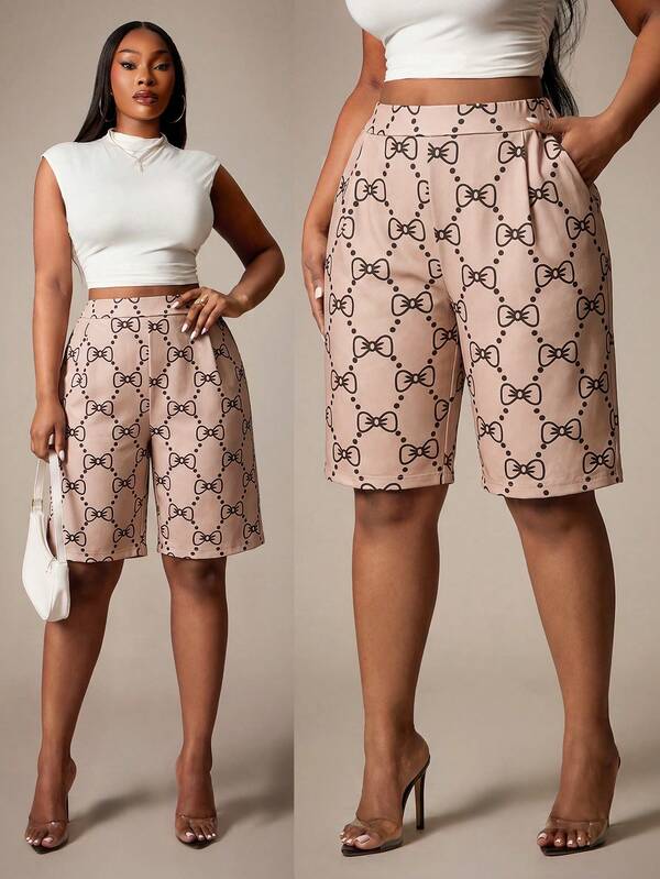 Radiana Plus Size Women's Fashion Elegant Old Money Style Vintage Floral Print Straight Leg Bermuda Shorts, With Pockets, Stretch Fabric