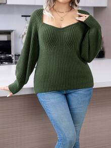 SHEIN LUNE Plus Sweetheart Neck Lantern Sleeve Sweater, Winter Knit Pullover Fall Autumn - Green - View 3