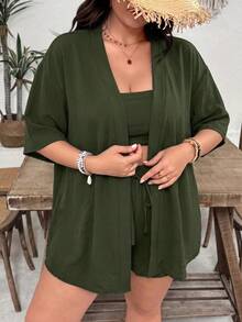 SHEIN VCAY 大尺碼女款純色上衣與短褲休閒日常兩件套 - 軍綠色 - 查看 5