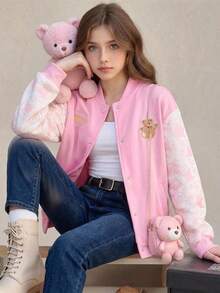 Chaqueta de béisbol casual simple con parches de oso para niña preadolescente, otoño/invierno - Rosa - Ver 3