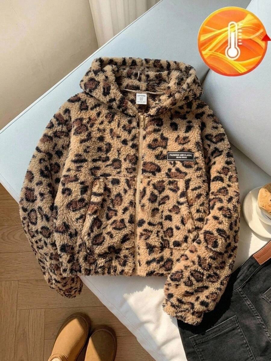 SHEIN 少女寬鬆休閒極簡舒適日常街頭風連帽修身口袋拉鍊短款長袖衛衣外套 豹紋抓絨 返校穿搭 - 彩色 - 查看 1