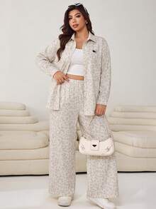 SHEIN EZwear 大尺碼女款豹紋馬術長袖上衣與長褲兩件套 - 彩色 - 查看 3