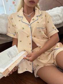 Tulorae Women's New Lemon Plaid Print Button-Front Short Sleeve Shorts Pajama Set - Yellow - View 6