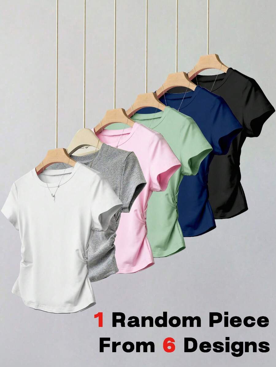 青少年女孩 T-Shirt,簡約修身圓領短袖 T-Shirt,1 件隨機短袖 T-Shirt,適合夏季,個性化 T-Shirt,適合春夏,休閒舒適,家庭出遊季節,家庭出遊,優雅穿著,舒適易穿 - 彩色 - 查看 1