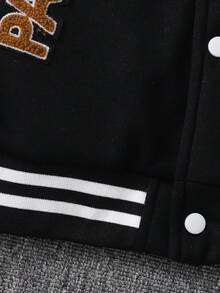 SHEIN 青少年男孩時尚休閒拼色拼接字母刺繡抓絨夾克 - 黑色 - 查看 8