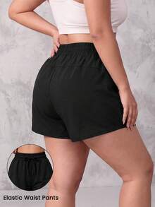 SHEIN Unity Plus Size Women Solid Color Drawstring Waist Casual Versatile Daily Shorts - Black - View 3
