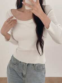 DAZY Slim Fit Large Scoop Neck Long Sleeve Elastic Ribbed Basic Pullover Knit Sweater Korean Style Spring Autumn Women's Brunch School Off-White - White - View 3