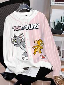 TOM & JERRY X SHEIN 女款拼色條紋卡通印花運動衫 - 白色 - 查看 1