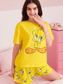 LOONEY TUNES X SHEIN 女款卡通印花短袖T恤與短褲睡衣套裝 - 黃色 - 查看 3