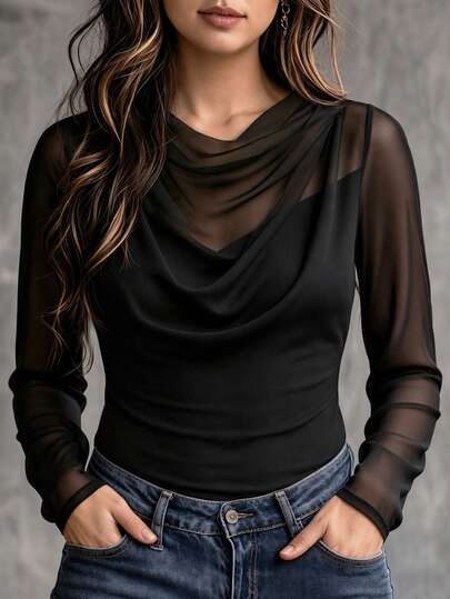 Velvienne Plus Size Women's Spring/Autumn Minimalist Solid Color Semi-Sheer Fitted Cowl Neck T-Shirt, Suitable For Daily Wear Fall