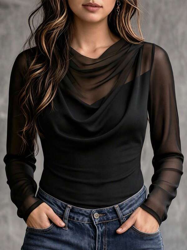 Velvienne Plus Size Women's Spring/Autumn Minimalist Solid Color Semi-Sheer Fitted Cowl Neck T-Shirt, Suitable For Daily Wear Fall