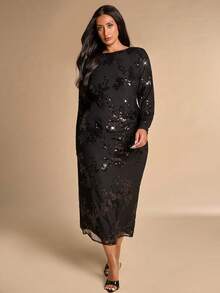 SHEIN BAE CURVE 大尺碼女款黑色網紗亮片長袖洋裝 秋季 - 黑色 - 查看 5