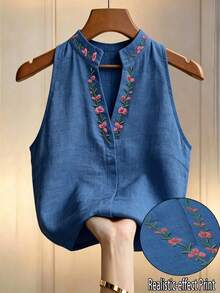 Louniche 女款花卉刺繡立領無袖襯衫，刺繡上衣，女款夏季穿搭，優雅上衣，辦公通勤穿著 - 藍色 - 查看 1
