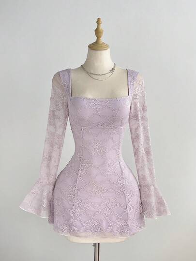 Elamini Spring Summer Autumn Winter Lace Floral Fashion Sexy Elegant Commuter Low Neckline Open Back Bowknot Waist Cinched Umbrella A-Line Dress Lace Semi-Sheer Long Sleeve Bell Sleeve Women's Short Dress
