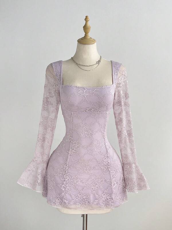 Elamini Spring Summer Autumn Winter Lace Floral Fashion Sexy Elegant Commuter Low Neckline Open Back Bowknot Waist Cinched Umbrella A-Line Dress Lace Semi-Sheer Long Sleeve Bell Sleeve Women's Short Dress