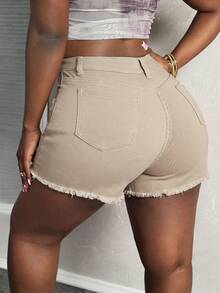 Slaydiva Plus Size Women Pockets Distressed Raw Hem Casual Denim Shorts - Khaki - View 3