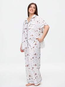 Bonmuse Plus Size Bubble Crinkle Star Print Lapel Short Sleeve Pajama Set Star Print Pajamas Cute Pajama Set For Women Comfy Pajamas Set Women's Sleepwear - White - View 4