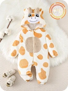 SHEIN Newborn Baby Boy Baby Girl Toddler Boy Fall And Winter Clothes Outfits, Rompers, Fleece Lined Thick Cute Giraffe Pattern Hooded Long Sleeve Jumpsuit Bodysuit, Comfortable Versatile Fashion Daily Casual Cute Minimalist Basic Style, Suitable For Indoor, Outdoor Skiing, Daily, Sports, Play, Party, Photography, Halloween - Apricot - View 3