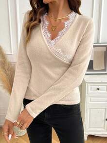 SHEIN Clasi Women's Lace Long Sleeve Crossover Cable-Tie Elegant Sweater,Knit Top With Lace Trim, Loose-Fit Long-Sleeve Fuzzy Sweater For Fall/Winter - Apricot - View 7