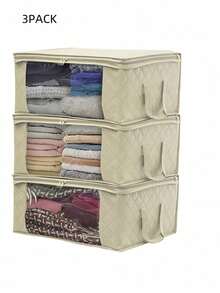 3Pcs Large Storage Bags Foldable Closet Organizer With Handle Thick Fabric For Clothes Blankets Comforters Sheets Pillows Duvet Mothproof Space Saver Home Decor Bedroom Storage For Adults - Beige - View 5