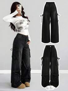 SHEIN Teen Girl Pocket Bow And Fringed Star Design Black Loose And Comfortable Wide-Leg Jeans For School - Black - View 1