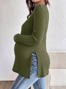 SHEIN Maternity Simple Versatile Long Sleeve Split Hem T-Shirt Fall - Army Green - View 3
