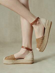Styleloop Women's Camel Holiday Style Hollow Braided Strap Hemp Rope Platform Shoes - Camel - View 11