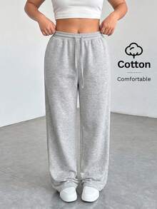 SHEIN PETITE CURVE 大尺碼純色極簡抽繩腰口袋休閒長褲 - 淺灰色 - 查看 8