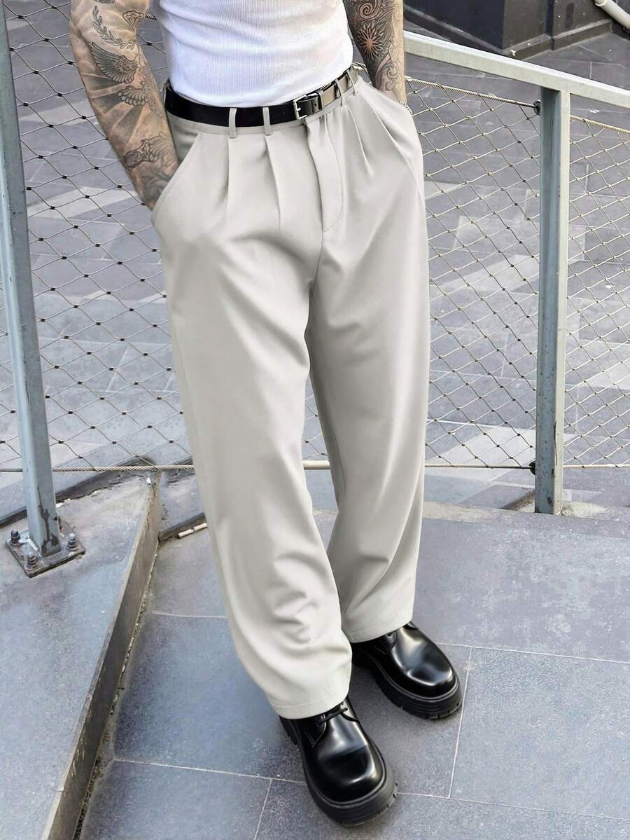 Manfinity Homme 男士夏季休閒工作長褲,極簡寬鬆直筒褶皺垂墜商務西裝褲,米色黑色,儀式感 - 米色 - 查看 1