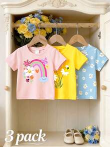 Souflis Souflis 3 PIECE RANDOM 4-7 Years Old Girls Cute & Fresh Rainbow Daisy Bee Print Short Sleeve Tops, Lightweight Casual Wear, School Outfit, Random Pattern - Multicolor - View 5