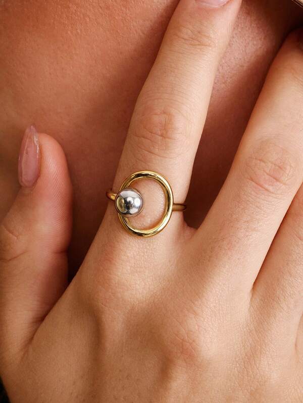 Nocturel 1pc Minimalist Stainless Steel Bicolor Gold & Silver Beaded Open Ring