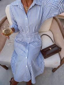 Serisse Women's Striped Long Sleeve Single-Breasted Casual Shirt Midi Dress - Blue and White - View 7