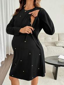SHEIN Maternity Solid Color Nursing Function Casual Daily Summer Dress Fall Fall/Winter Casual - Black - View 1