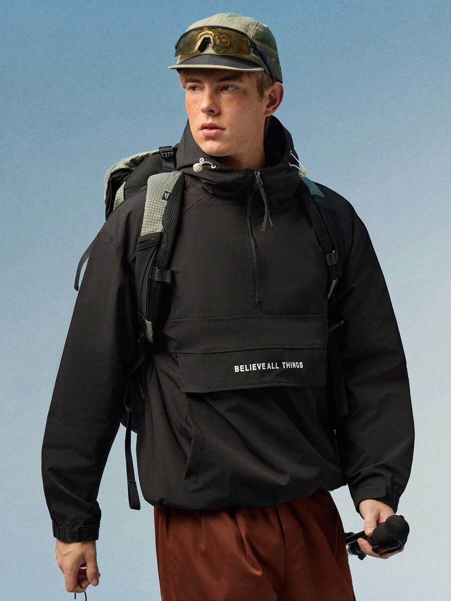 Caldwick Men's Long Sleeve Casual Patchwork Hooded Drawstring Jacket , Spring/Autumn Outerwear - Black - View 1