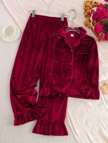 Kids Tween Girl 2pcs/Girls Wine Ruffle Trim Pajama Set Soft Lapel Sleep LoungewearSuitable For Outdoor Wear - Burgundy - View 1