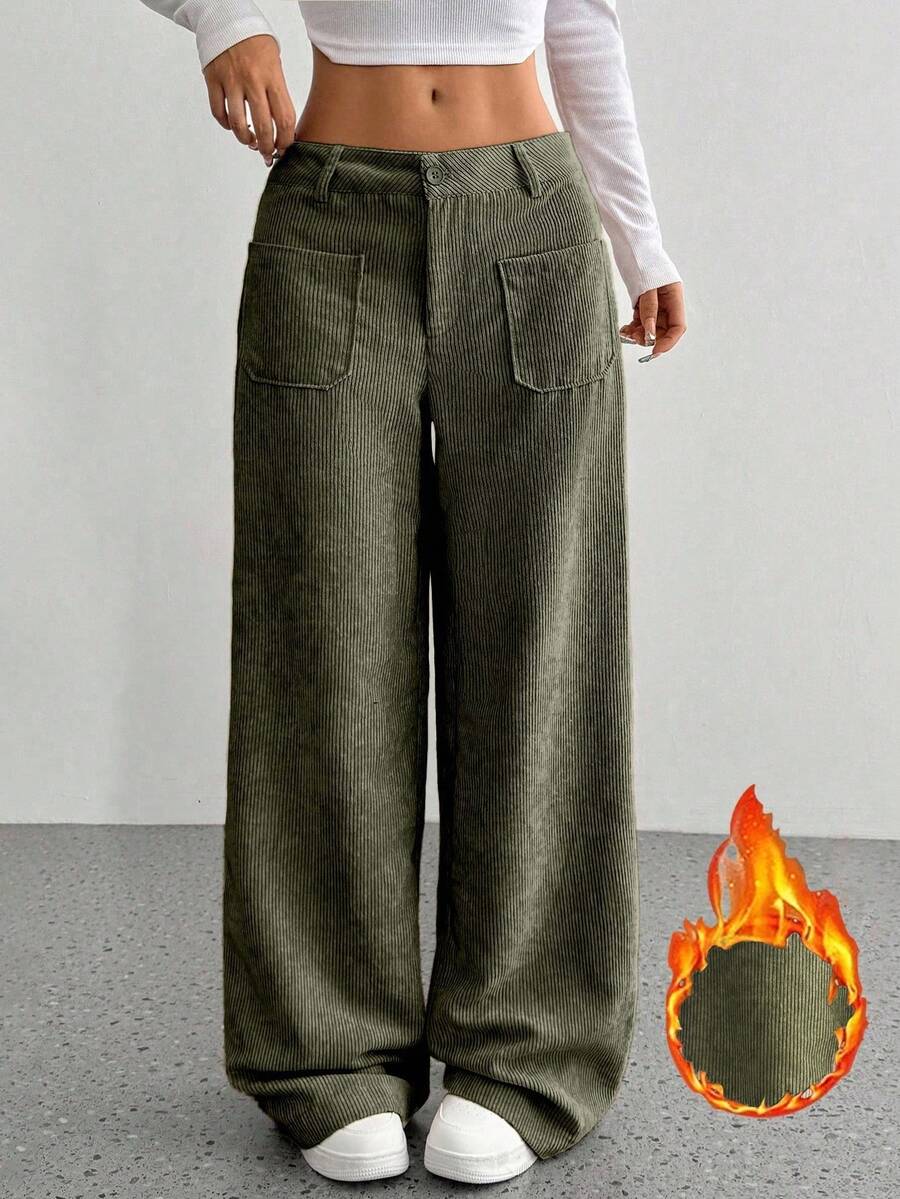 SHEIN Unity Spring Green Corduroy Wide Leg Pants For Women, Low Waist Popular Versatile Loose Straight Leg Long Pants, Front And Back Pocket Design, Street, Holiday - Army Green - View 1