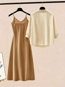 GlowEve CURVE 春夏新款巧克力棕白色翻領休閒優雅 Eleganza 女款襯衫 + V領細肩帶洋裝，收腰中長洋裝，2件套 - 咖啡棕 - 查看 2