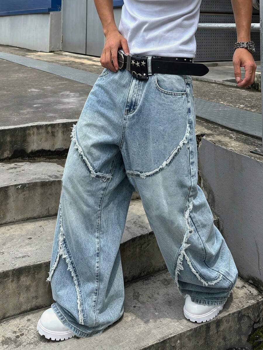 Manfinity EMRG Men's Street Casual Design Frayed Patchwork Vintage Washed Wide Leg Pants - Light Wash - View 1