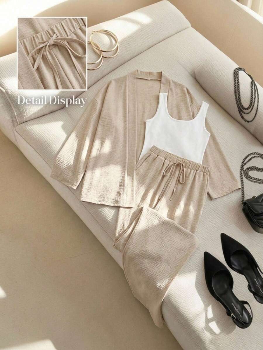 SHEIN Essnce Plus-Size Women's Spring/Summer Fashion Casual Loose Comfortable Everyday Basic Versatile Long-Sleeved Cardigan And Elastic Waist Wide-Leg Pants Apricot Two Pieces Set,Spring Outfits,Work Set,Pant Set,Simple Style - Apricot - View 1