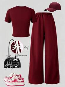 SHEIN 2 piezas/Set Conjunto de manga corta & pantalones largos para adolescentes, lazo de cinta, adecuado para primavera/verano, deportes & desplazamientos - Burdeos - Ver 2
