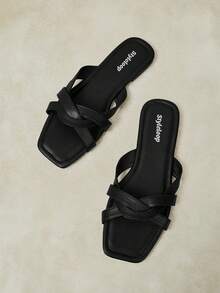 Styleloop Sandal Wanita, Gesper, Gaya Musim Panas, Sandal Datar - Hitam - View 10