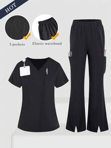 TaskEZ 2件組女款刷手服套裝－純色V領上衣與開衩褲，刷手服套裝 - 黑色 - 查看 1