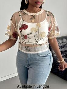 SHEIN PETITE CURVE 夏季度假女款花卉刺繡時尚上衣，女士性感荷葉邊飾，透視落肩圓領寬鬆多彩滿版印花，花卉植物女上衣，春/夏，休閒日常穿著 - 米色 - 查看 1