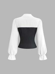 Sweetra Autumn New Classic Black & White Color Block Patchwork Polo Collar Design Fashion Commuter Style Women's Elegant Outfit - Black and White - View 8