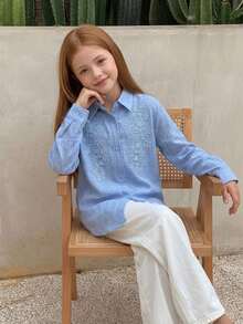 Hapijoa Casual Lapel Pattern Loose Long Sleeve Autumn Girls (Big) Shirt - Blue - View 2