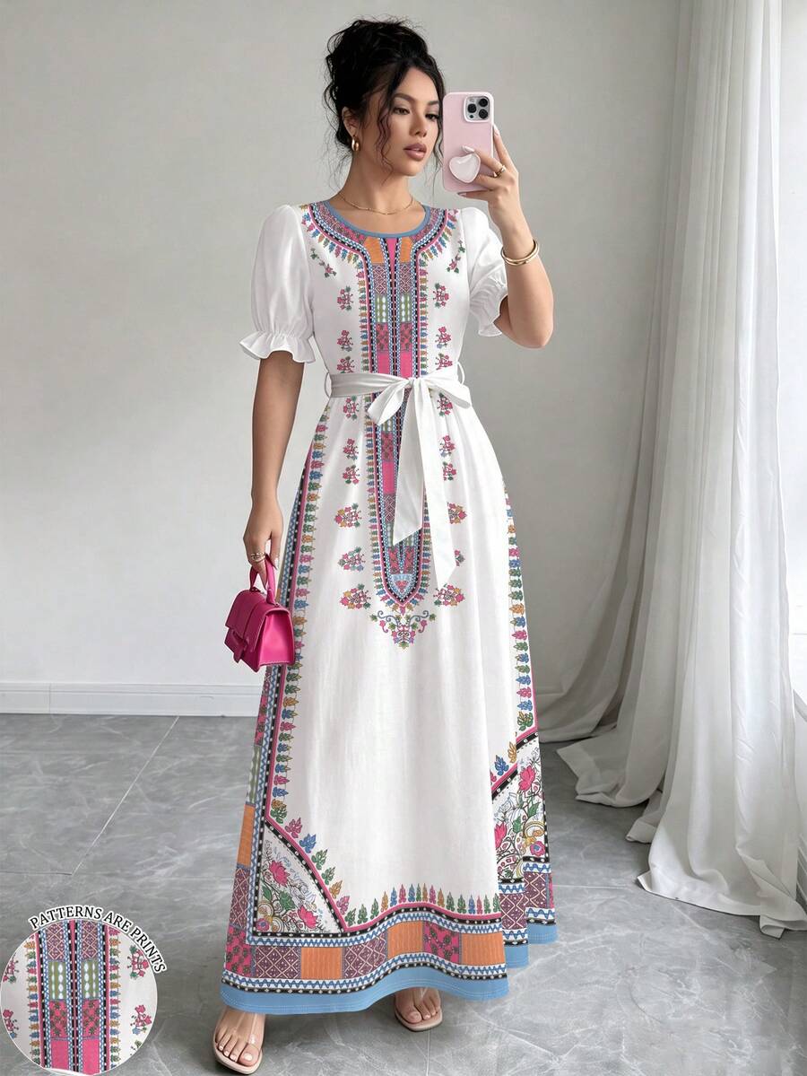 Modelyn 波希米亞風彩色菱形幾何花卉印花長洋裝,女款時尚圓領短澎袖設計附腰帶收腰洋裝,秋冬/夏季優雅色塊女裝,夏季度假風穿搭 - 彩色 - 查看 1