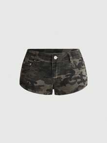 ROMWE Street Life Women's Y2K Vintage Ultra Low Waist Millennium Hot Girl Style Distressed Mini Denim Shorts - Dark Green - View 1