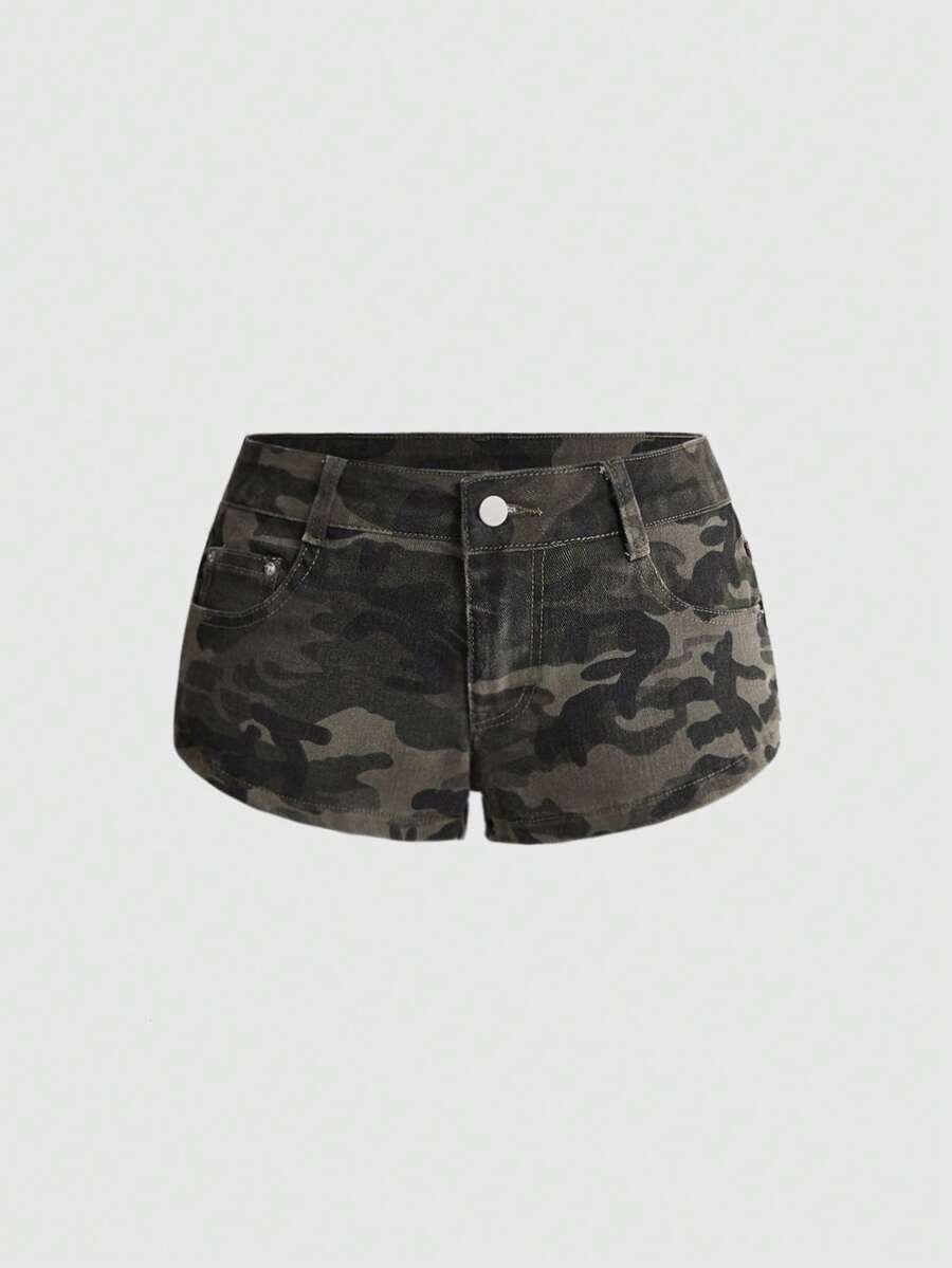 ROMWE Street Life Women's Y2K Vintage Ultra Low Waist Millennium Hot Girl Style Distressed Mini Denim Shorts - Dark Green - View 1